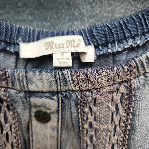 MISS ME CHAMBRAY & LACE KEEPSAKE ROMPER DENIM JUMPSUIT Small Pockets - Picture 6 of 14